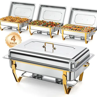 Immagine prodotto di Set per buffet con scaldavivande - Confezione da 4 da 7,5 l - Contenitori termici in acciaio inossidabile dorato - Scomparti singoli, doppi e tripli - Per buffet, feste e catering