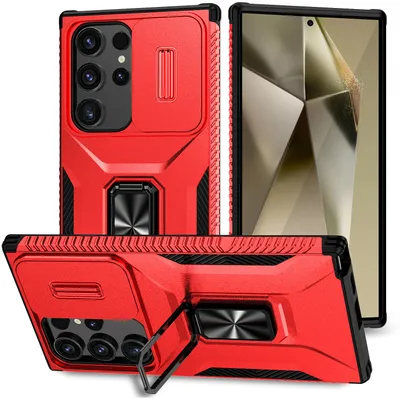 Produktbild von Handyhülle für Samsung Galaxy S25 Ultra Dual Layer Hülle mit Schiebe Kamera Schutz und Ringhalter Ständer Rot