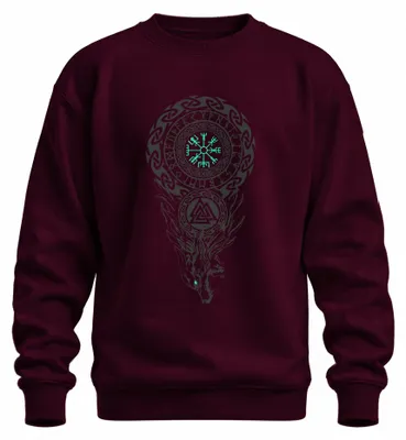 Productafbeelding van Vegvisir Viking Kompas, Noordse Runenring, Valknut, Sweatshirt, Trui, Bordo, Maat M