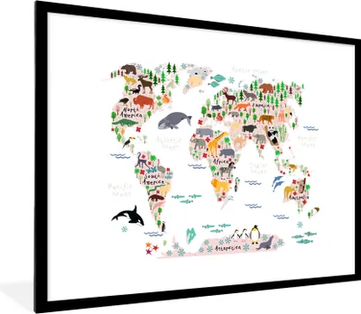 Produktbild von MuchoWow® MuchoWow® Gerahmtes Poster Weltkarte - Kinder - Tiere 80x60 cm - Poster mit zchwarzem Bilderrahmen - Schlafzimmer-Dekorationen - Fotoposter
