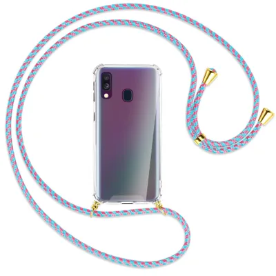 Produktbild von Handykette Backcover-Schutzhülle mit Band (Metall goldfarben) für Samsung Galaxy A40 - pink/mint