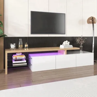 Zdjęcie produktu dla RTV stojak, wysoki połysk, biały - nowoczesny design z oświetleniem LED i szklanymi półkami