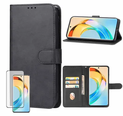 Obrázok produktu pre Puzdro na mobil Honor Magic 6 Lite – čierne puzdro z umelej kože + 4D zakrivené sklo
