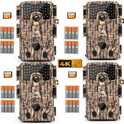 Obrázek produktu pro Usogood 4K kamera na sledování divoké zvěře, 48 MP, video, 32 GB karta, 8 baterií, snímač pohybu, noční vidění, 120° širokoúhlý objektiv, infračervená kamera, vodotěsná, 4 ks