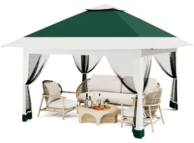 Image de Pavillon de jardin 4 x 4 mètres - Tente de fête avec panneaux latéraux moustiquaires - Toit étanche - Hauteur réglable - Structure en acier - Couleur vert armée