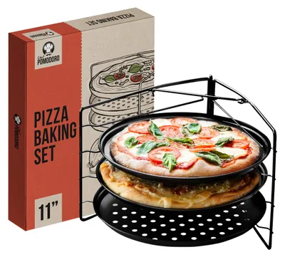 Pizzabackset, 3 Pfannen (28 cm) + Reck, antihaftbeschichtet, perforiert