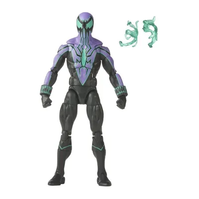A Hasbro Marvel Legends action figure of Spider-Man, Marvel's Chasm, is shown standing against a white background. Two green web accessories are placed to the right of the figure.