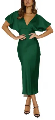 Produktbild von Lopath Satin, V-Ausschnitt, Puffärmel, Seide, Midi-Kleid, Empire-Taille, elegant
