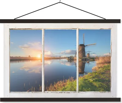 Produktbild von MuchoWow® Textilposter Aussicht - Mühle - Reflexion 90x60 cm mit schwarzem Rahmen - Aufhängungssatz