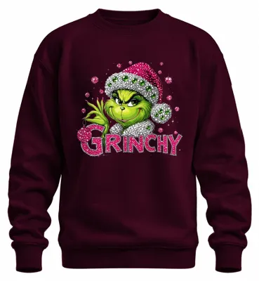 Imagen del producto de Sudadera con estampado del Grinch, con purpurina, pedrería, color rosa y verde, diseño navideño, divertida, uni, color burdeos, talla 3XL