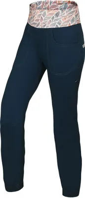Dunkelblaue Kletter- und Boulderhose für Damen mit buntem; gemustertem Bund von Ocun.