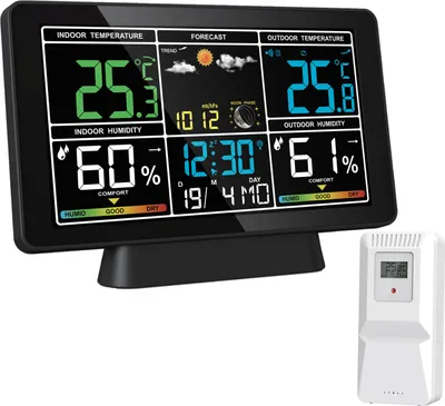 Productafbeelding van Digitale radio-wekker/wekker, thermometer, hygrometer, luchtvochtigheidsindicator/buiten sensor met klok, weersvoorspelling en tijdweergave, zwart