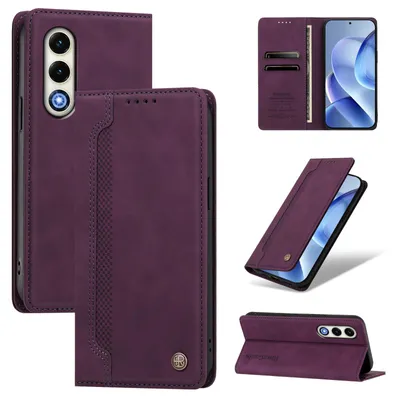 Image de Étui pour téléphone itel S25, en cuir synthétique, type portefeuille rabattable, avec compartiments pour cartes et support intégré. Couleur : violet