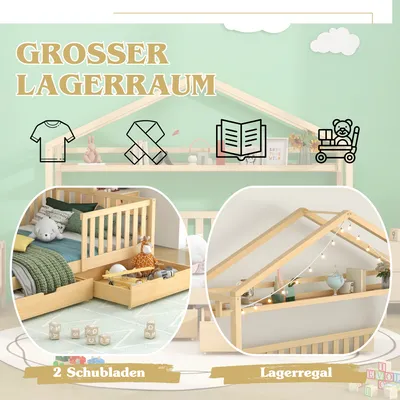 Collage of images showing a children's house bed with storage features and decorative elements.
