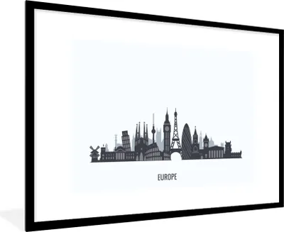Produktbild von MuchoWow® MuchoWow® Gerahmtes Poster Europa - Skyline - Schwarz - Weiß 90x60 cm - Poster mit zchwarzem Bilderrahmen - Wanddekoration - Fotos