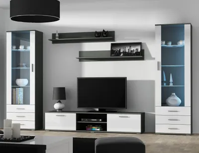 Produktbild von Furniture24 Wohnwand SOHO 4 mit Blauer LED Beleuchtung, Anbauwand, Wohnzimmerschrank, Schrankwand, Vitrine, Lowboard, Hängeregal Grau/Weiß Hochglanz