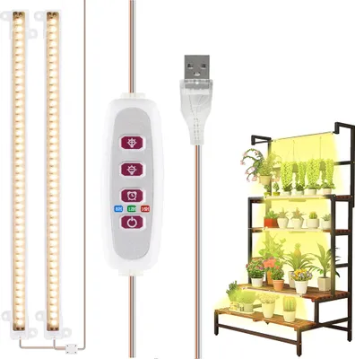 A product image showing grow lights and a plant shelf.