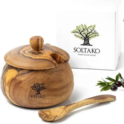 Immagine prodotto di Set da 2 contenitori pere zucchero SOLTAKO “Spicery” con cucchiaino, Ø 10 cm, legno d’ulivo