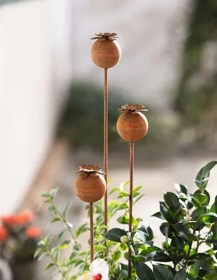 Image de 3x fiches de jardin "Coquelicot" en métal avec finition rouille, 60 + 80 + 100 cm de haut, décoration en métal rouillé pour l'extérieur, décoration de jardin pour l'extérieur