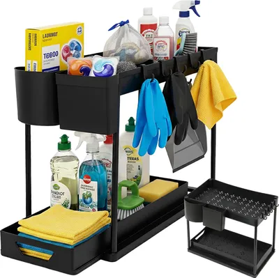 Produktbild von Ruhhy Unter Waschbecken Organizer – 2-stöckiger ausziehbarer Unterschrank Organizer, Küchenregal unter Spüle, schwarz