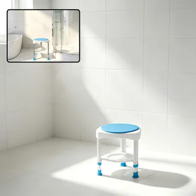 Immagine prodotto di Sedia da doccia girevole a 360°, regolabile in altezza da 45 a 57 cm, seduta antiscivolo in alluminio e plastica, colore blu, ideale per anziani e donne in gravidanza
