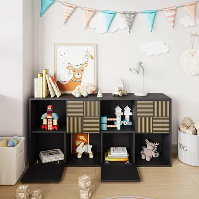 Produktbild von ProximaX Mattschwarzes Würfelregal 125x30x60cm mit goldenen Gravurlinien, multifunktionales Bücherregal mit Türen für Wohnzimmer, Kinderzimmer & Schlafzimmer