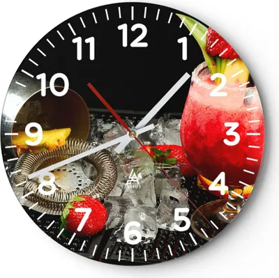Produktbild von Wanduhr - Rund - Glasuhr - Alkohol aperitif cocktail getränk - 30x30cm - Schleichendes Uhrwerk - Lautlos - zum Aufhängen bereit - Dekoration Modern - Wanddekoration aus Glas - C4AR30x30-2257