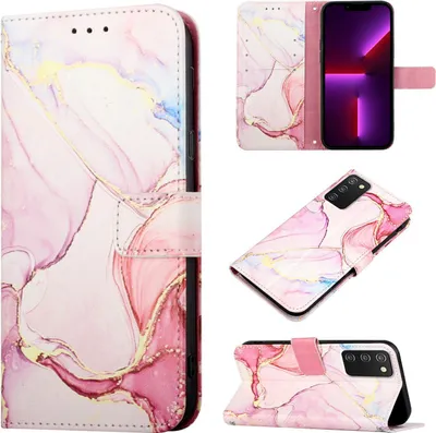 Produktbild von Galaxy A03S Hülle, Marmor Motiv Kunstleder Tasche Wallet Kartenfächer mit Standfunktion Klapp Schutzhülle für Samsung Galaxy A03S Pink Weiß