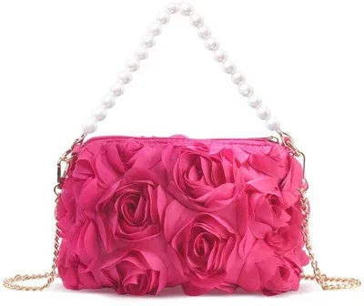 Image de Sac de soirée en mousseline pour femme, avec motif floral en 3D, rabat fermé et poignée, idéal pour les mariages, les bals de fin d'année et les soirées