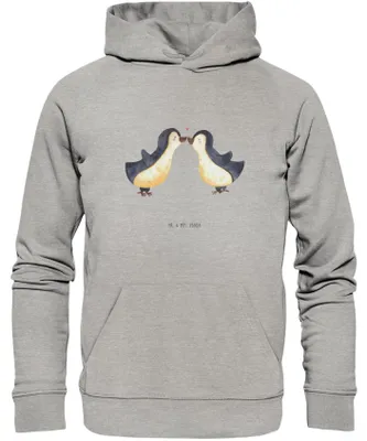Produktbild von Mr. & Mrs. Panda Organic Hoodie Pinguin Liebe Größe XS - Heather Grey - Geschenk, Pullover, Vertraut, Kapuzenpullover, Sweatshirt, Freundin, Pinguine, Pulli, Hochzeitstag