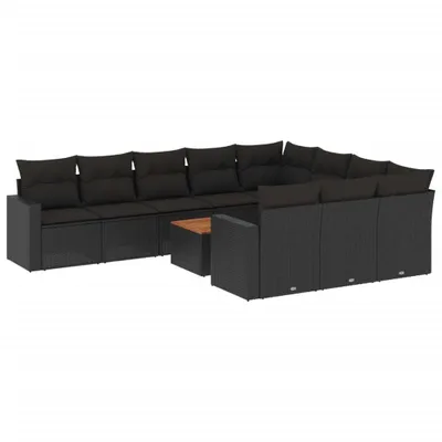 Produktbild von Modulares Garten-Sofa-Set, 11-teilig, mit Kissen, aus schwarzem Poly Rattan und Akazienholz, UV-beständig, abnehmbare Bezüge