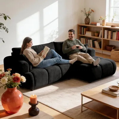 Produktbild von MUFFO Ecksofa CALM L Rechts mit Schlaffunktion 140x215 Webstoff schwarz