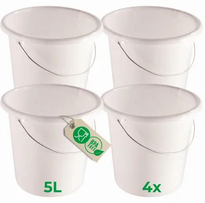 Produktbild von Novaliv 4 Stück Eimer 5L Weiß mit Maßeinteilung - Putzeimer 5 Liter ⌀ 22,5 cm Praktischer Allrounder mit Skala für Haushalt & Garten ideal als Haushaltseimer, Wassereimer, Wischeimer, Bucket