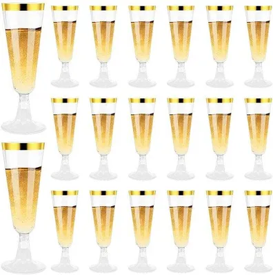 Obrázok produktu pre Sada 20 elegantných plastových šampanských pohárov Unyqoos® so zlatým okrajom – vhodné na styk s potravinami, bez BPA a opakovane použiteľné, ideálne na svadbu, narodeniny a oslavy