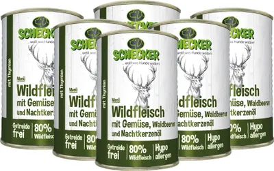 Produktbild von 6x410g -  Schecker Nassfutter - Hundemenü Wilsfleisch mit Gemüse Waldbeeren und Nachtkerzenöl