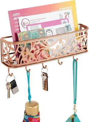 Produktbild von Kompakter Schlüsselhaken mit 1 Fach und 5 Haken, koppelfarbene Wandmontage, praktisches Briefschubfach mit Beutel