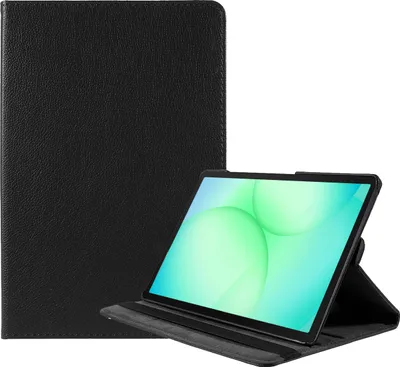 A black tablet case is shown open, with a tablet inside displaying a colorful screen. The case is positioned to the left, and the tablet is angled to the right, propped up by the case.