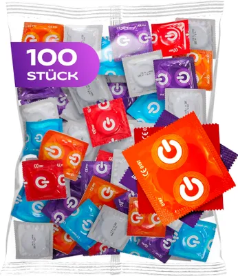 Immagine prodotto di ON) Preservativi Mix I Confezione da 100 pezzi I Preservativi premium 7 tipi e misure diverse con larghezza 54 mm I 20 extra sottili, naturali e con protuberanze I 10 extra resistenti, al profumo di fragola, banana, cioccolato