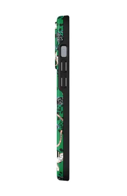 Side view of a green iPhone 13 Pro case with a leopard pattern.