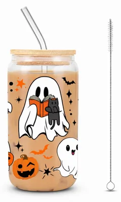 Imagen del producto de Vasos de vidrio con motivos de fantasmas, de 300 ml, con pajita, para Halloween