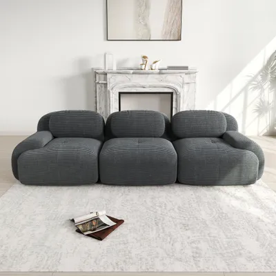 Produktbild von Cordstoff-Dreisitzer-Sofa, rahmenlos, modular kombinierbar, rutschfest, ergonomische Armlehnen, 298 x 103 x 75 cm, Grau