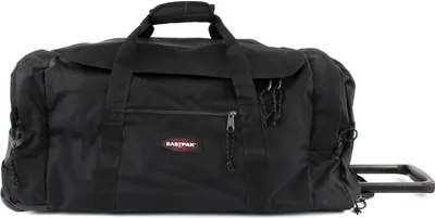 A black duffel bag with wheels and a retractable handle, shown against a white background.