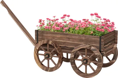 Produktbild von Outsunny Blumenkasten im Holzwagen-Design, Pflanzenwagen mit Griff, Pflanzenkasten, Blumenständer für Garten, Terrasse, bis 30 kg belastbar, Verkohlt, 120 x 41 x 54 cm