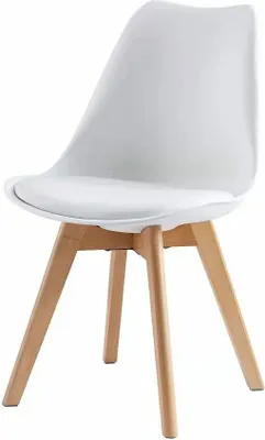 A white upholstered chair with wooden legs, isolated on a white background.