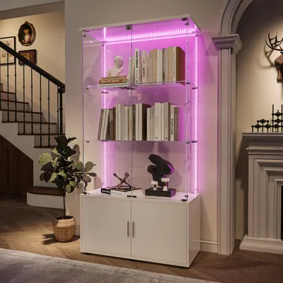 Produktbild von Fortuna Lai Glasvitrine mit 4 Türen, Regalen, Glastür, Stehend Vitrinenschrank mit Farbwechsel-LED, Hochschrank, Badezimmerschrank, 78.5x35x164cm, Weiß-1