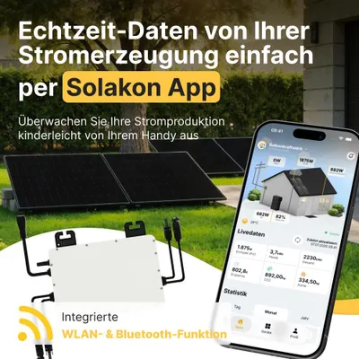 Produktbild von Balkonkraftwerk 1000W Solaranlage Steckerfertig Komplettset Photovoltaik Anlage 800W, Kabellänge: 10m, Solakon - onBasic