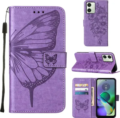Produktbild von Lederhülle für Motorola Moto G54 Schmetterling Prägung Flip Ledertasche Kartenfächer Handyhülle mit Ständer Violett