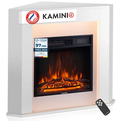 Image de Cheminée électrique KAMINIO MATTI - Cheminée d'angle électrique avec chauffage, effet flammes 3D, éclairage d'ambiance LED, télécommande - d'angle, blanche