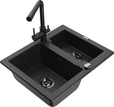 Produktbild von Mexen Carlos 1,5-Becken-Granitspüle mit Mischbatterie Duero, Schwarz/Gold metallisch - 6518-75-671600-70-B