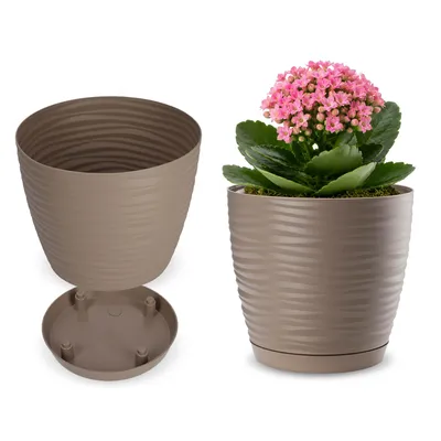 Produktbild von KADAX Blumentopf mit Untersetzer "Temara", Blumenkübel, Pflanztopf aus Kunststoff, Übertopf, rund, 13 cm, Beige